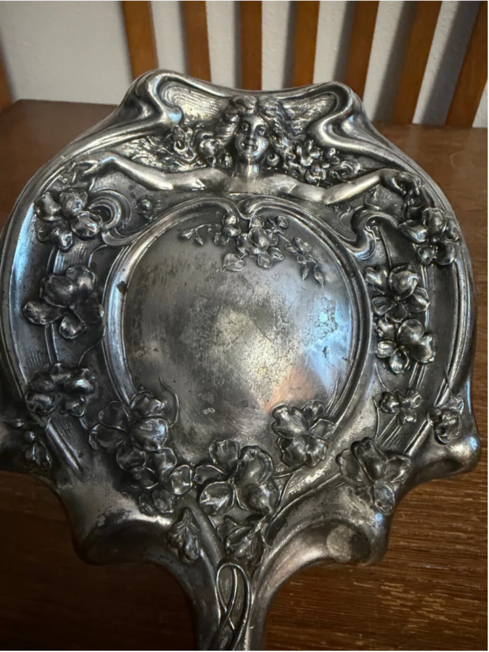 Antique Art Nouveau Hand Mirror Lady Floral Repousse Heavy Metal Beveled Glass